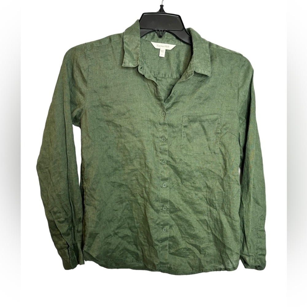 Garnet Hill Olive Green Button-Down Linen Shirt